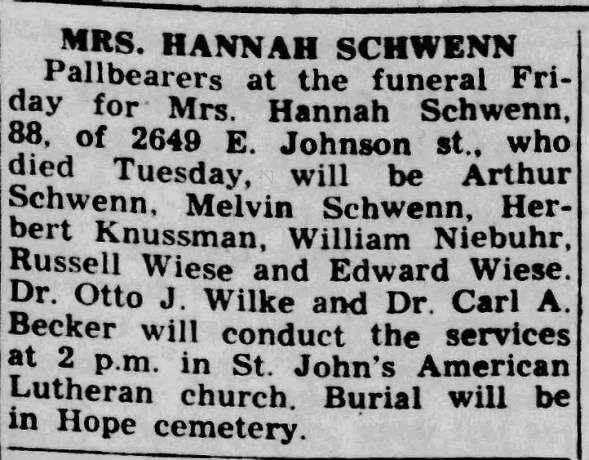 Johanna Schwenn funeral arrangements 1947